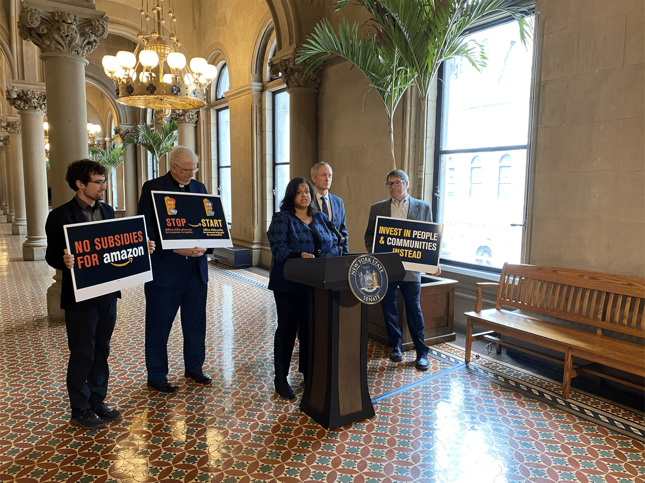 Elected leaders and community organizations support legislation to stop giving subsidies to e-commerce warehouses and logistics facilities. Press conference was held in Albany, N.Y.