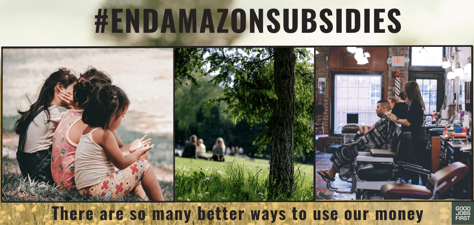 End Amazon Subsidies. There are better ways to use our money. That text is on an image with three children, a park, and a barbershop.