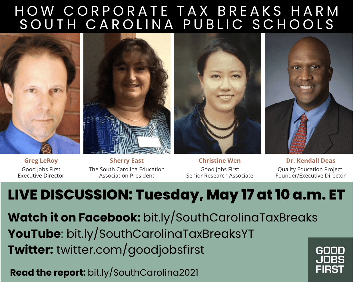 Image of four panelists and the language "How corporate tax breaks harm South Carolina students"