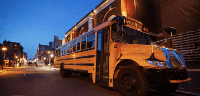 A school bus in Philadelphia at night