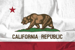 Image of the California state animal, a bear, walking across and the words "California Republic"