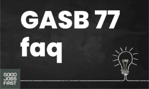 Chalkboard in the background, a lightbulb on the lower right side and the words "GASB 77 FAQ"