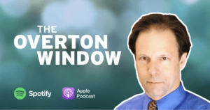 The words "The Overton Window" appear next to a photo of a white male with brown hair, wearing a blue shirt and a tie.