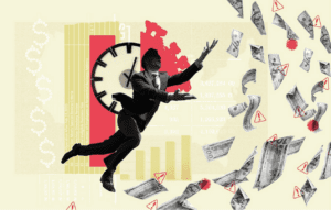 Image of a man flying through the air, chasing dollars. There are red warning boxes throughout the background, and a clock appears behind the man.