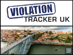 Violation Tracker UK logo is on top, Violation is in blue text and looks like a stamp, the words Tracker and UK are in black. Underneath is a picture of a bridge going into London. 