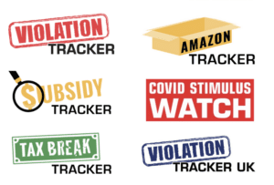 Logos of six databases produced by Good Jobs First: Violation Tracker, Subsidy Tracker, Tax Break Tracker, Amazon Tracker, Covid Stimulus Watch and Violation Tracker UK
