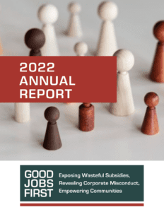Good Jobs First 2022 Annual Report, with chess pieces of different colors and logo.