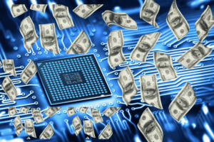 A photo of semiconductor chips and money flowing all around.