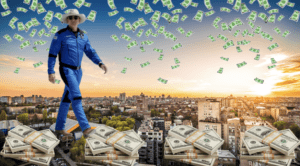 Jeff Bezos with dollar bills falling from the sky and walking on piles of money.