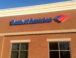 Bank of America brick building with logo.