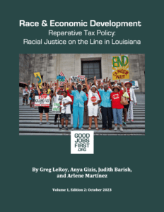 Reparative Tax Policy: Racial Justice on the Line is the report title; image of people standing on steps holding signs like "End Cancer Alley" and "Black Lives Matter"