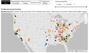 Electric Vehicles Job Hub map shows were EV manufacturing facilities are locating.