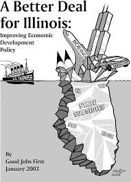"A Better Deal for Illinois: Improving Economic Development Policy." There is an illustration of a state, Illinois, that says "state subsidies" and a picture of a Boeing plane on top.