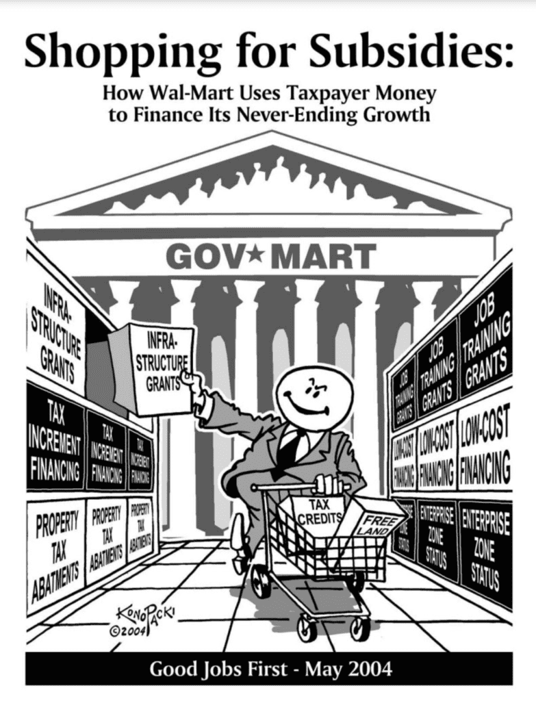 A drawing of a man with a round head shopping in a Walmart-style store and picking up things like "tax credits," "free land," infrastructure grants," "property tax abatements" and other goodies WalMart gets from taxpayers