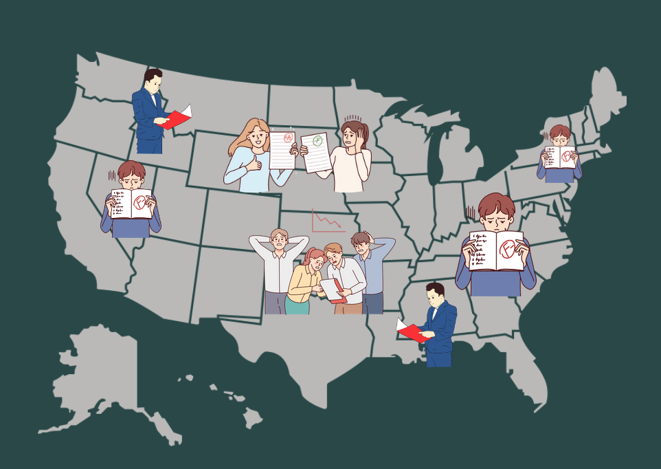 A map of the United States with images of people holding report cards. Many are dismayed by the poor grades they received