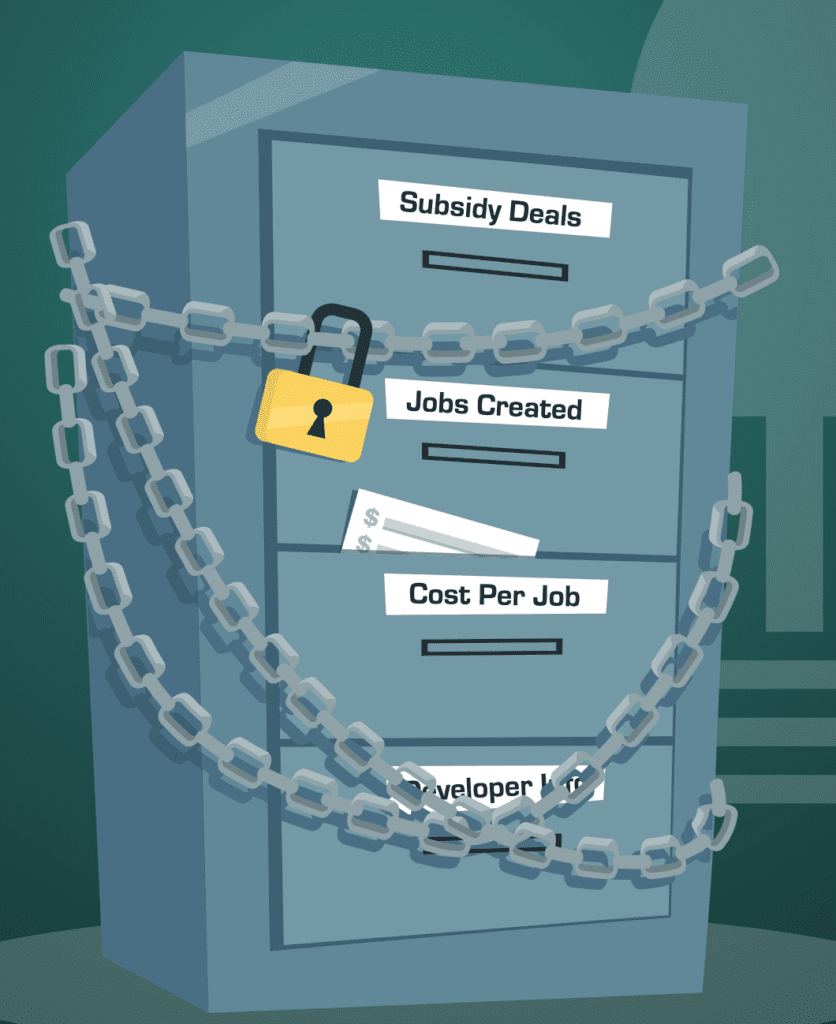 Cover of a filing cabinet surrounded by locks. The drawers say "subsidy deals," "jobs created," "cost per job" and "developer docs"