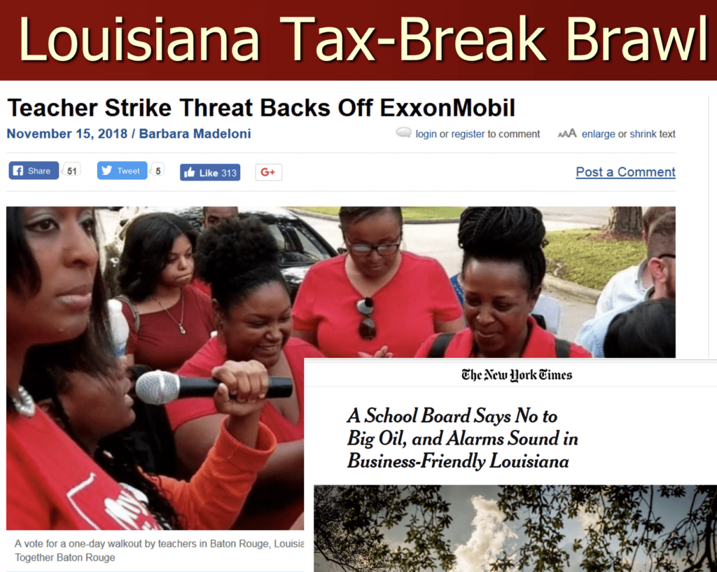 Louisiana Tax Break Brawl is the headline. There are Black educators, one of them is talking into the microphone. The second headline is "Teacher Strike Threat Backs Off ExxonMobil" and the NY TImes article says "A School Board Says No to Big Oil, and Alarms Sound in Business-Friendly Louisiana"