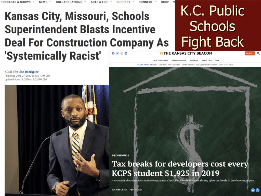 Then Kansas City Public Schools Superintendent Mark Bedell in front of headlines which he "blasts incentive deal for construction company as 'systematically racist.' "