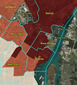Map of River Rouge and surrounding areas. The map is color coded so the darker red indicates a higher cancer risk from air toxics. Data is from 2014.