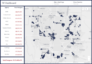 Map of Franklin County shows blue shapes that represent areas where Tax Increment Financing Districts exist.