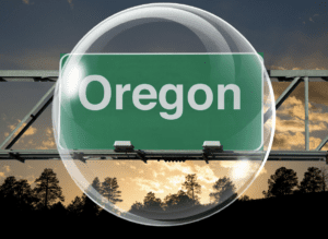 A highway sign says "Oregon" and there is a see through bubble over it to indicate transparency.