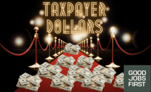 A Hollywood red carpet with piles of cash along it and the word "Taxpayer Dollars" above it.