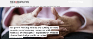 An elderly person's hands are folded together. The person is wearing a pink shirt and there is a title over the image: For-profit nursing homes are cutting corners on safety and draining resources with financial shenanigans − especially at midsize chains that dodge public scrutiny