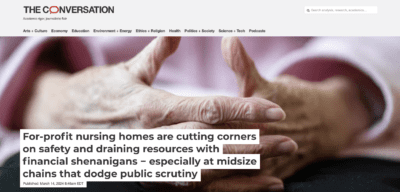 An elderly person's hands are folded together. The person is wearing a pink shirt and there is a title over the image: For-profit nursing homes are cutting corners on safety and draining resources with financial shenanigans − especially at midsize chains that dodge public scrutiny