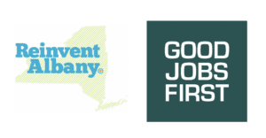 Logos are of Reinvent Albany, which features the shape of New York State and Good Jobs First.