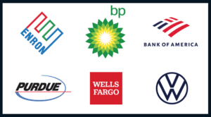 Logos of Enron, BP, Bank of America, Purdue, Wells Fargo and Volkswagen
