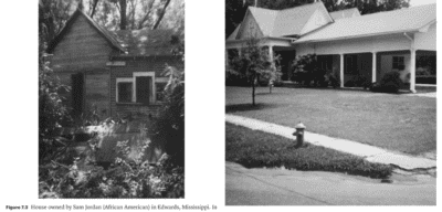 Shows two homes assessed at the same value in Mississippi in 1967. One is run down and owned by a Black person and the other is a large suburban home, owned by a white person.