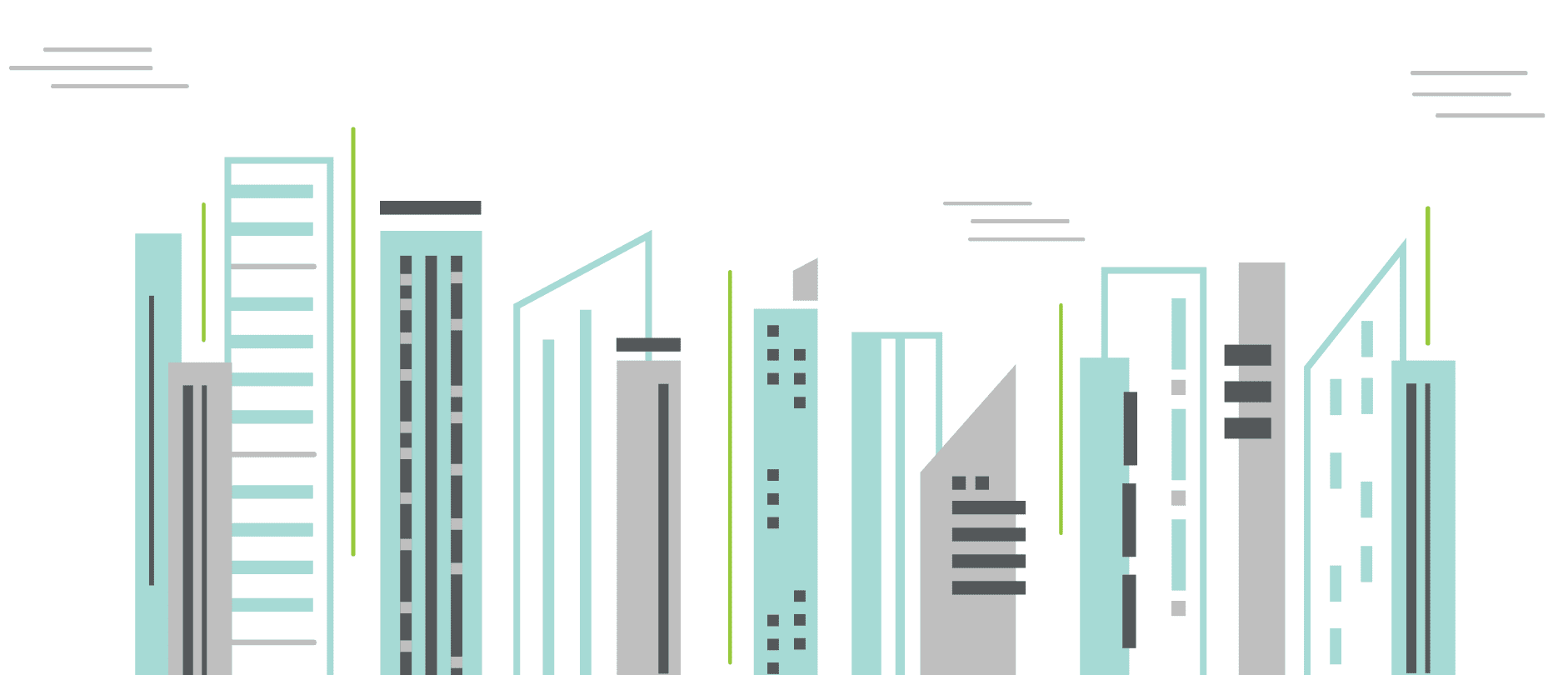 Image of turquoise, gray and white skyscrapers that are artist renditions.