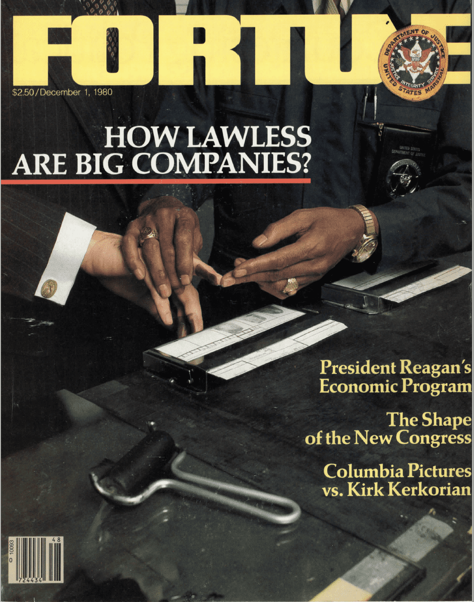 Cover of 1980 "Fortune" magazine with headline that says, "How Lawless Are Big Companies?" and a photo of a person getting their fingerprints taken by a member of law enforcement.