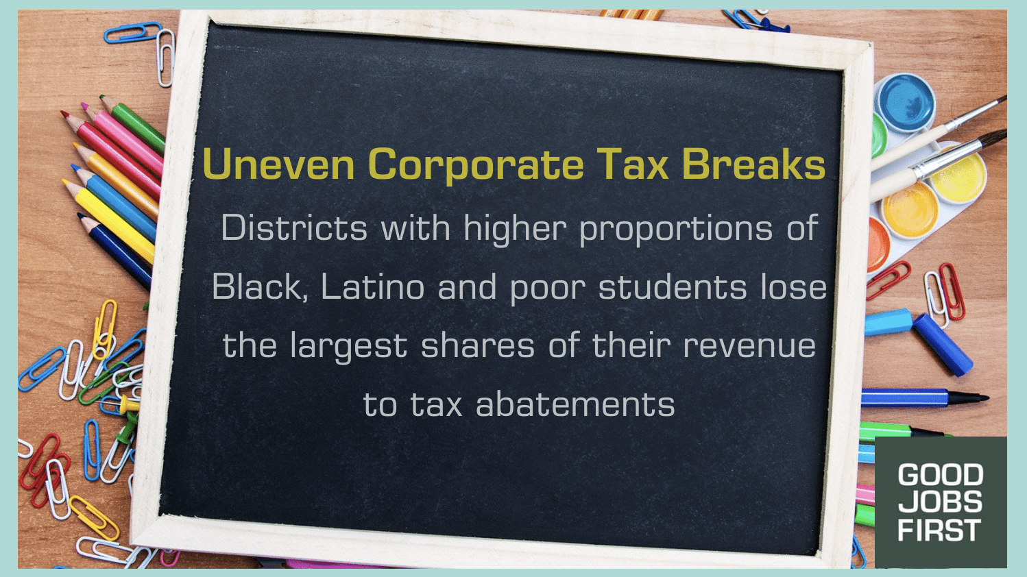 Chalkboard surrounded by school supplies like pencils, paper clips and paints and text on chalkboard says,"Uneven Corporate Tax Breaks Districts with higher proportions of Black, Latino and poor students lose the largest shares of their revenue to tax abatements"