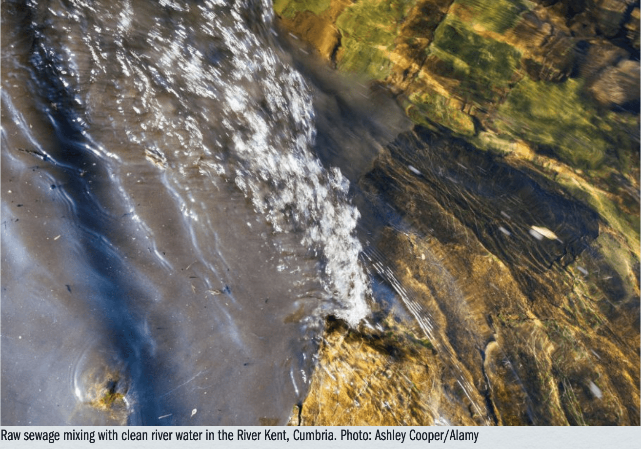 Raw sewage mixing with clean river water in the River Kent, Cumbria. Photo: Ashley Cooper/Alamy